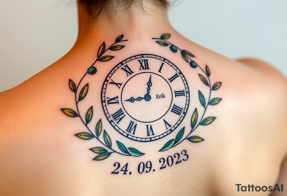 A Roman numeral clock surrounded by olive branches, with baby´s name "Erik" and birth date "24. 09. 2023 in muted green and gold tattoo idea