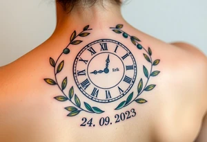 A Roman numeral clock surrounded by olive branches, with baby´s name "Erik" and birth date "24. 09. 2023 in muted green and gold tattoo idea