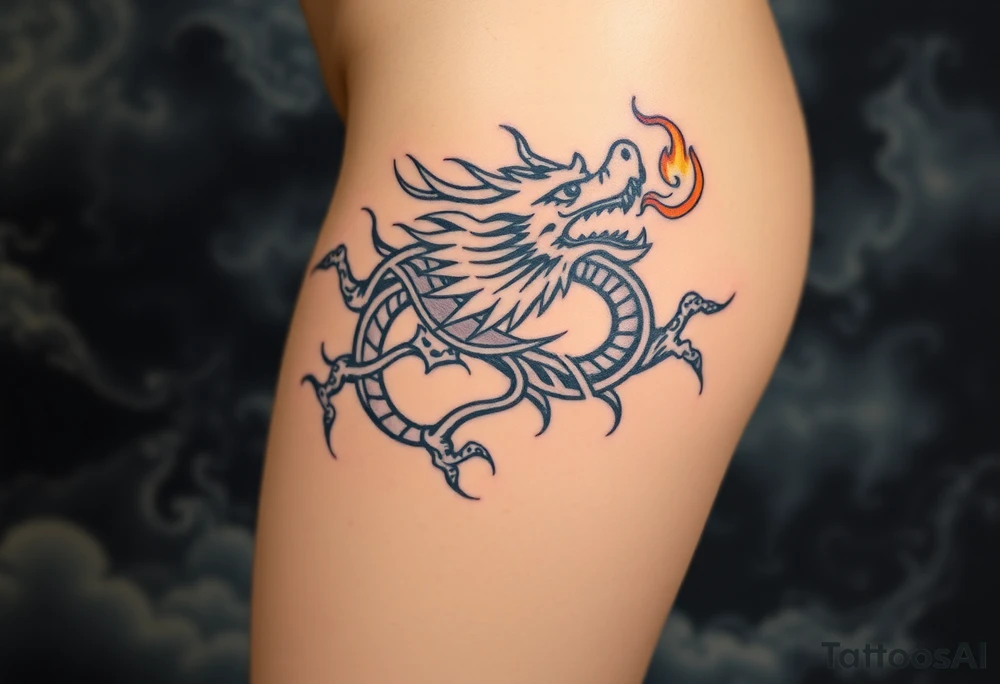fierce dragon breathing iridescent fire against stormy skies tattoo idea