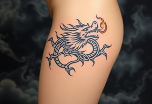 fierce dragon breathing iridescent fire against stormy skies tattoo idea