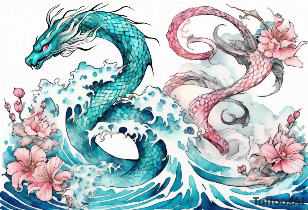 a beautiful turquoise and white and pink fairy serpent rising from the blue waves of the ocean tattoo idea