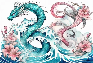 a beautiful turquoise and white and pink fairy serpent rising from the blue waves of the ocean tattoo idea