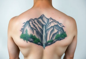 သား  surrounded by a colorful green mountainside with a waterfall tattoo idea
