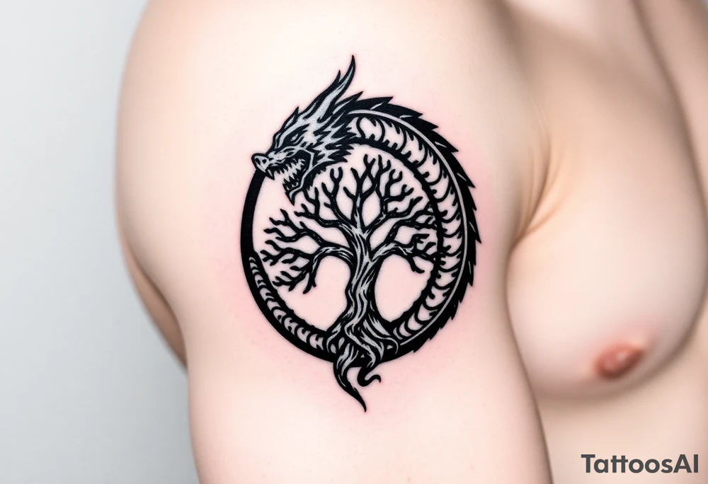 a dragon forming a circle with its body.  the dragon encircles the tree of life.  the dragon is eating the tree tattoo idea