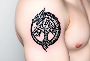 a dragon forming a circle with its body.  the dragon encircles the tree of life.  the dragon is eating the tree tattoo idea