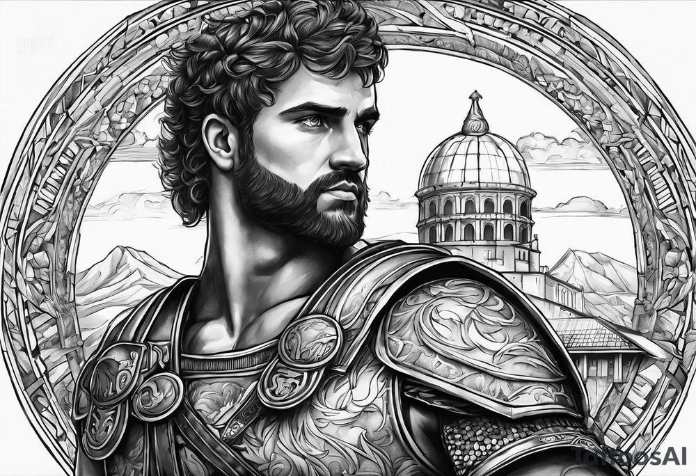 Romain Gladiator full sleeve right arm. Can have Roman buildings, sunset, clouds, fire (no animals) tattoo idea
