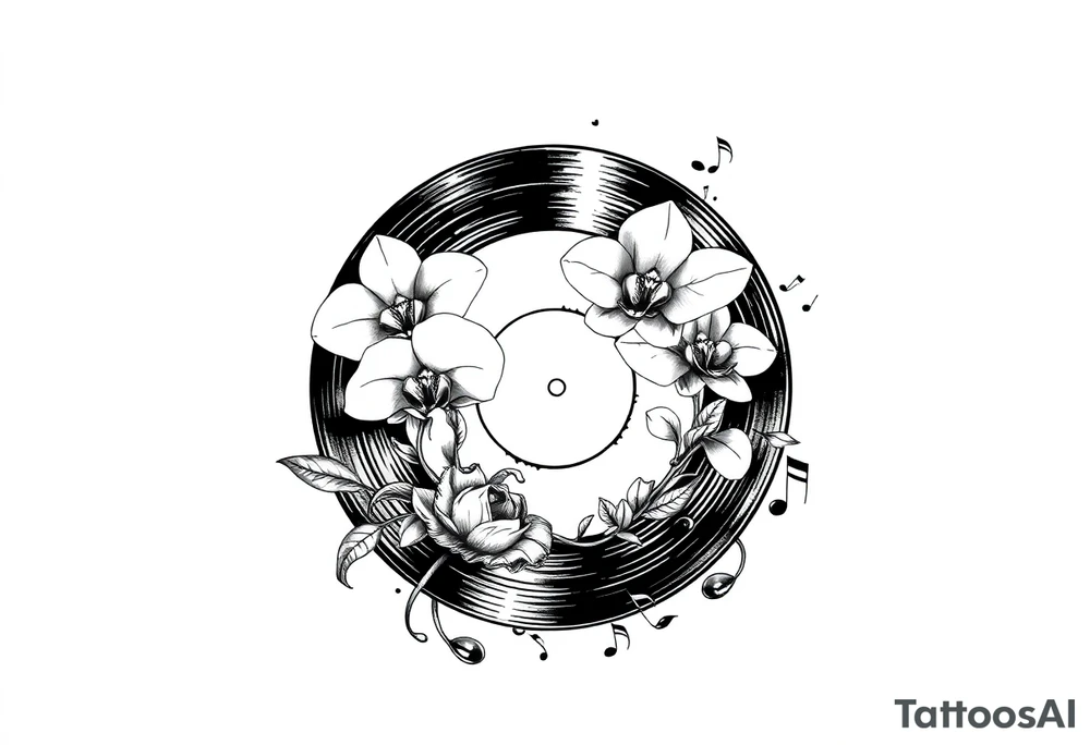 one black and white vinyl record with mushrooms, two orchids, and music notes around it tattoo idea