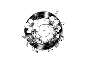 one black and white vinyl record with mushrooms, two orchids, and music notes around it tattoo idea