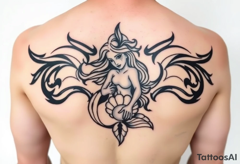 Mermaid tattoo full body soft face light grainy holding a shell in hand tattoo idea