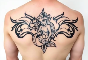 Mermaid tattoo full body soft face light grainy holding a shell in hand tattoo idea