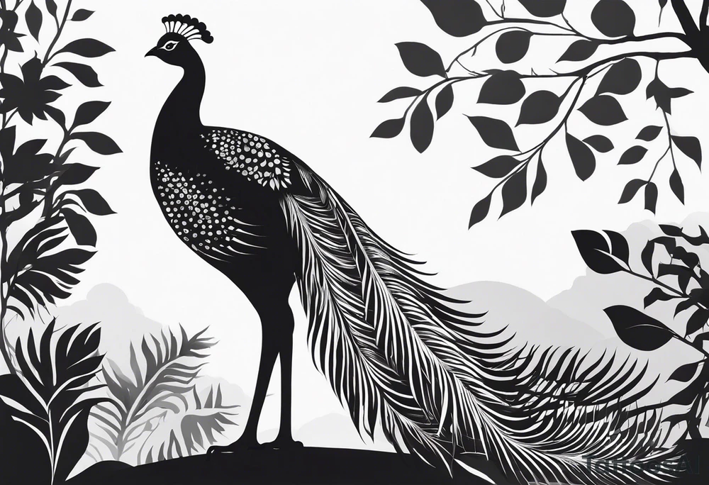 Black and white silhouette illustration of a peafowl standing proudly with its tail fanned out. The silhouette of the bird’s feathers is detailed, showcasing its majestic tail in full display. The background features simplified, flowing shapes representing lush foliage and a serene sky, emphasizing the elegance of the bird's posture. The overall design highlights the bird’s grace and the peaceful atmosphere of the setting, using bold contrasts and clean lines to capture the essence of its iridescent beauty in silhouette form. tattoo idea
