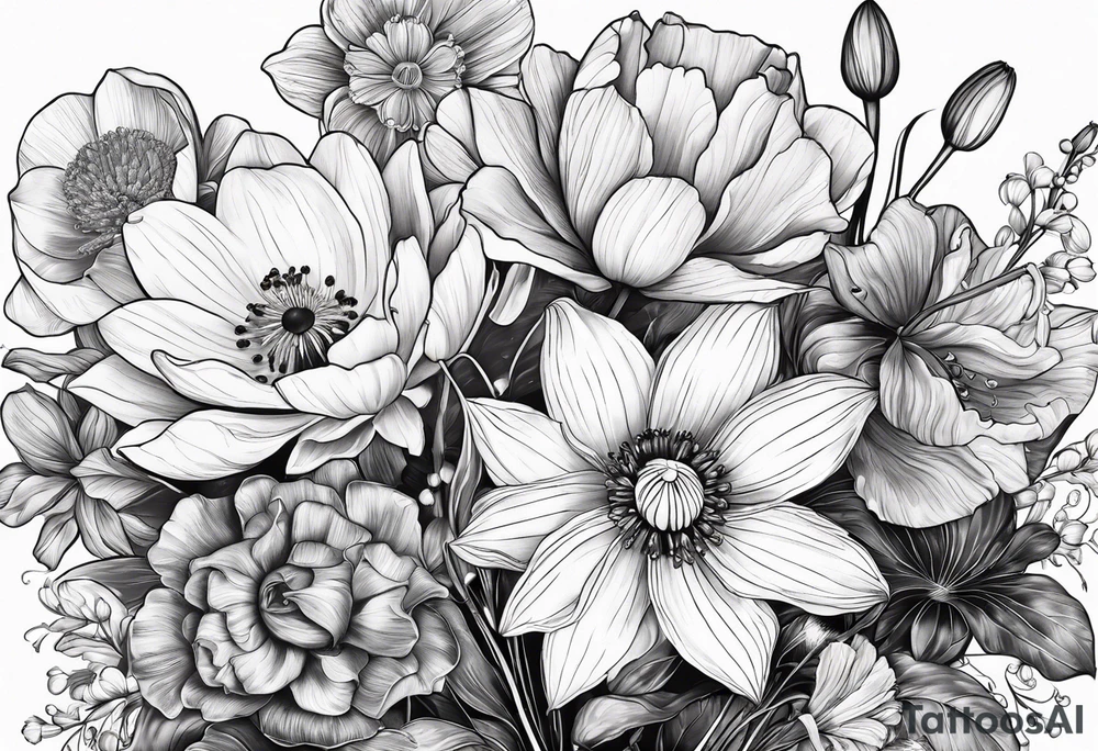 Poppy, water lily, Lily of the valley, daffodil, cosmo, rose, daisy flower bouquet, portrait style tattoo idea