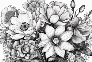 Poppy, water lily, Lily of the valley, daffodil, cosmo, rose, daisy flower bouquet, portrait style tattoo idea