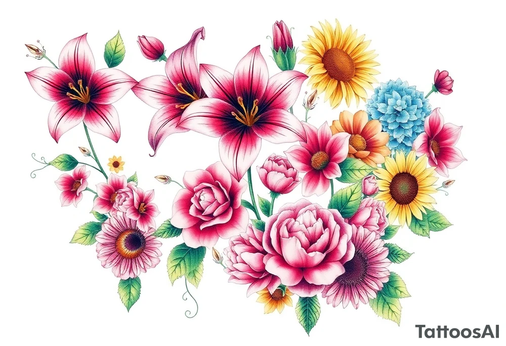 6 pink vintage star gazer lillies some yellow some red wild roses and sunflowers and hydrangea tattoo idea