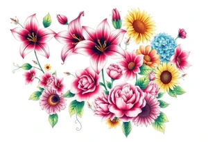 6 pink vintage star gazer lillies some yellow some red wild roses and sunflowers and hydrangea tattoo idea