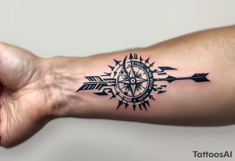 Rustic half compass half clock with and long native American arrow pointing at my wrist with the words “True North” tattoo idea