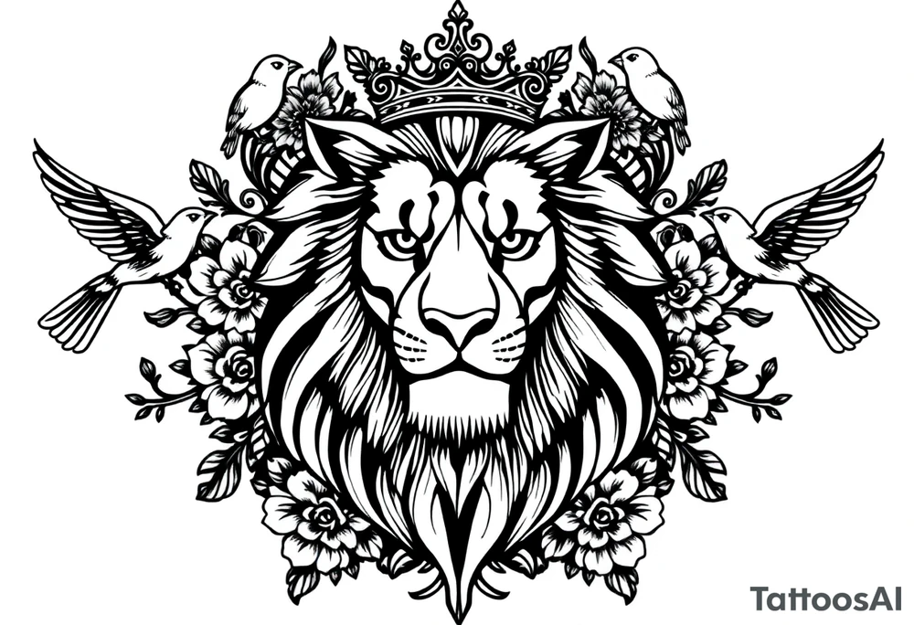 powerful majestic lion with a crown, surrounded by floral ornaments and birds tattoo idea