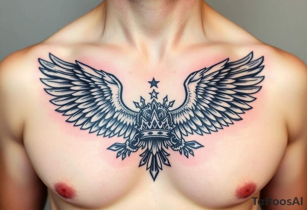 Chest tattoo,powerful two symetrical majestic eagles, surrounded by lure ornaments , between eagles a crown tattoo idea