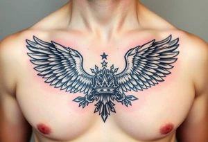 Chest tattoo,powerful two symetrical majestic eagles, surrounded by lure ornaments , between eagles a crown tattoo idea