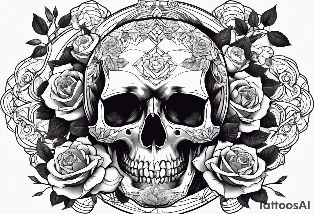 A skull in the middle surrounded by rose flowers dark theme tattoo idea