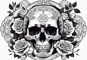 A skull in the middle surrounded by rose flowers dark theme tattoo idea