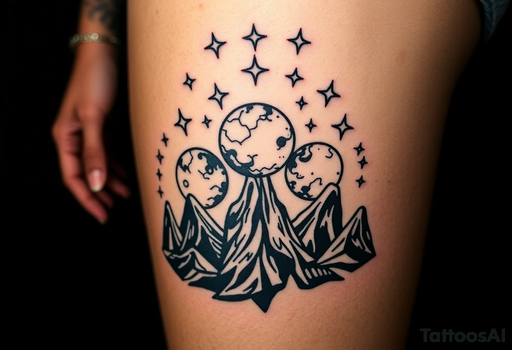 Black stars rising in alien skies with twin moons tattoo idea