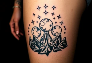 Black stars rising in alien skies with twin moons tattoo idea