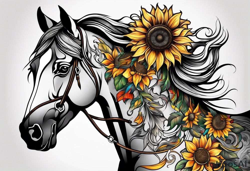Horse, compass, sunflower tattoo idea