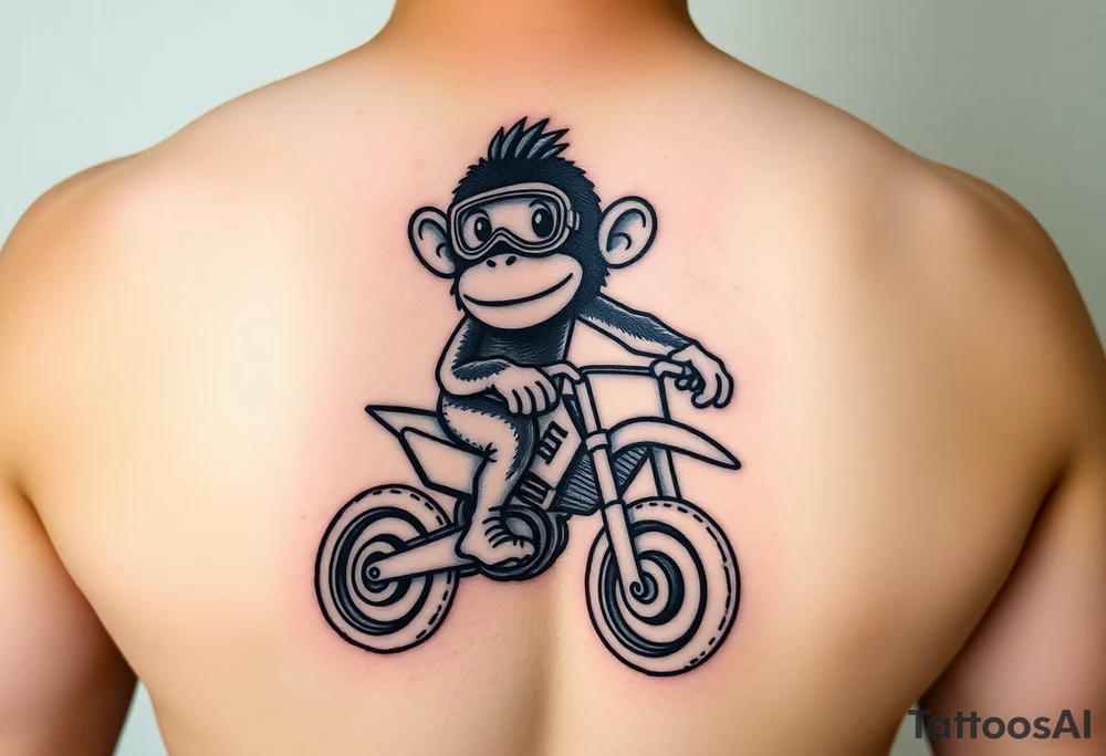 Cartoon monkey with goggles on a dirtbike tattoo idea