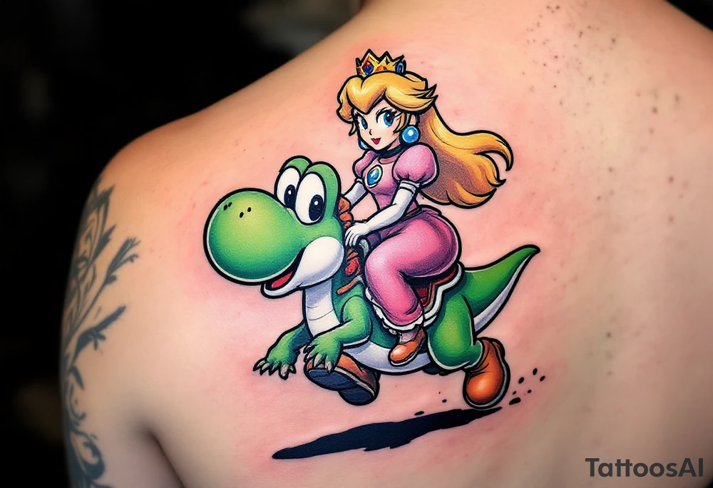 Princess Peach riding Yoshi from Mario Bros with vibrant colors. Make it more like the super Mario bros movie. Her dress should be poofier and covering her legs while he has red saddle with white trim. He should be walking upright. Make him look towards the camera tattoo idea