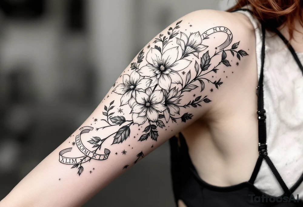 narcissus flowers and holly with 2 bands with roman numerals around them tattoo idea
