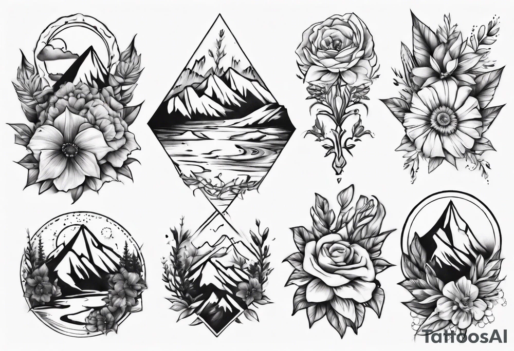moutains and floral sleave tattoo idea