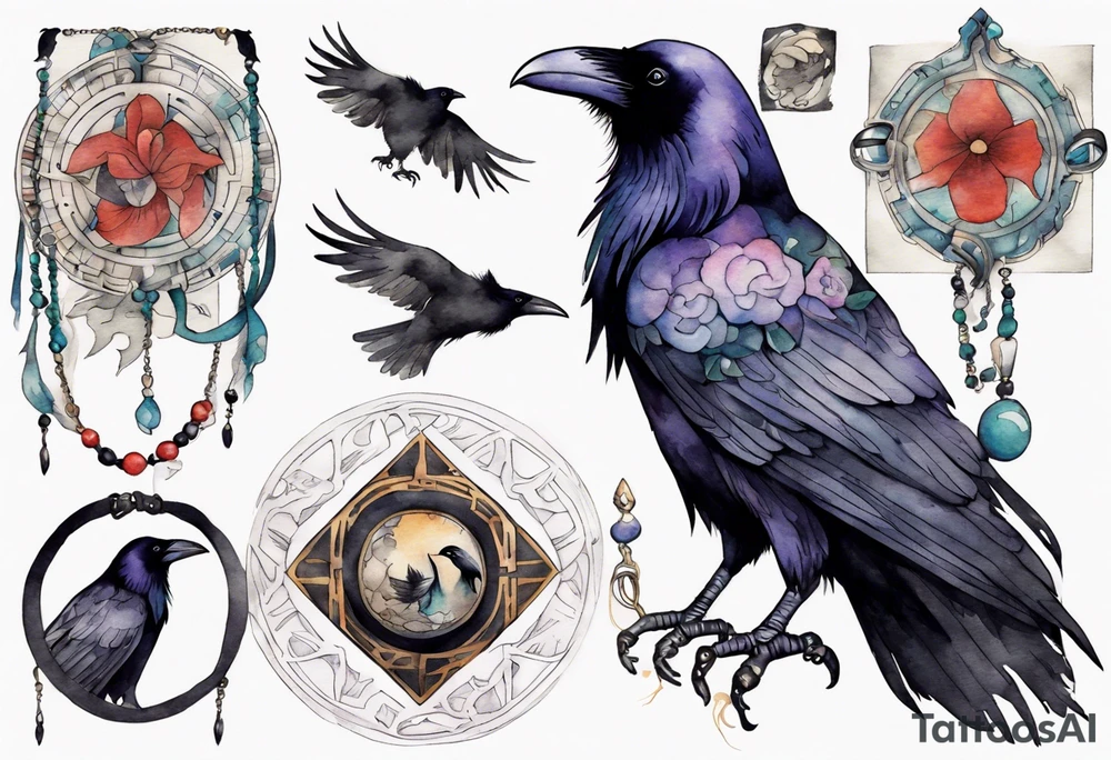 a raven wearing an amulet around it's neck tattoo idea