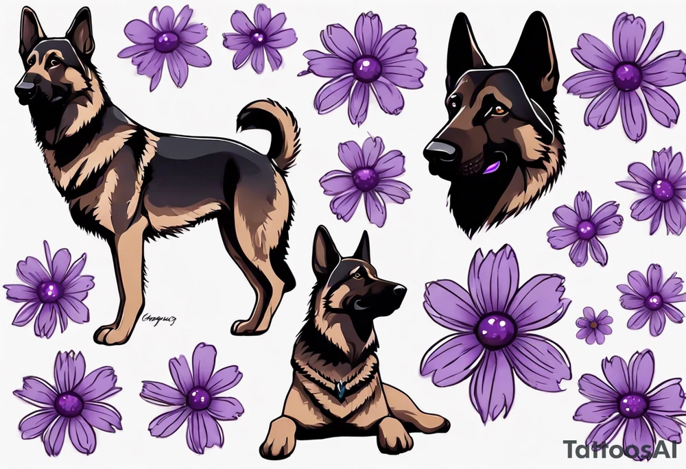 Dark brown German shepherd with purple daisies tattoo idea