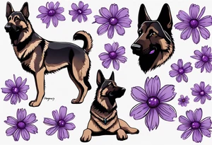 Dark brown German shepherd with purple daisies tattoo idea