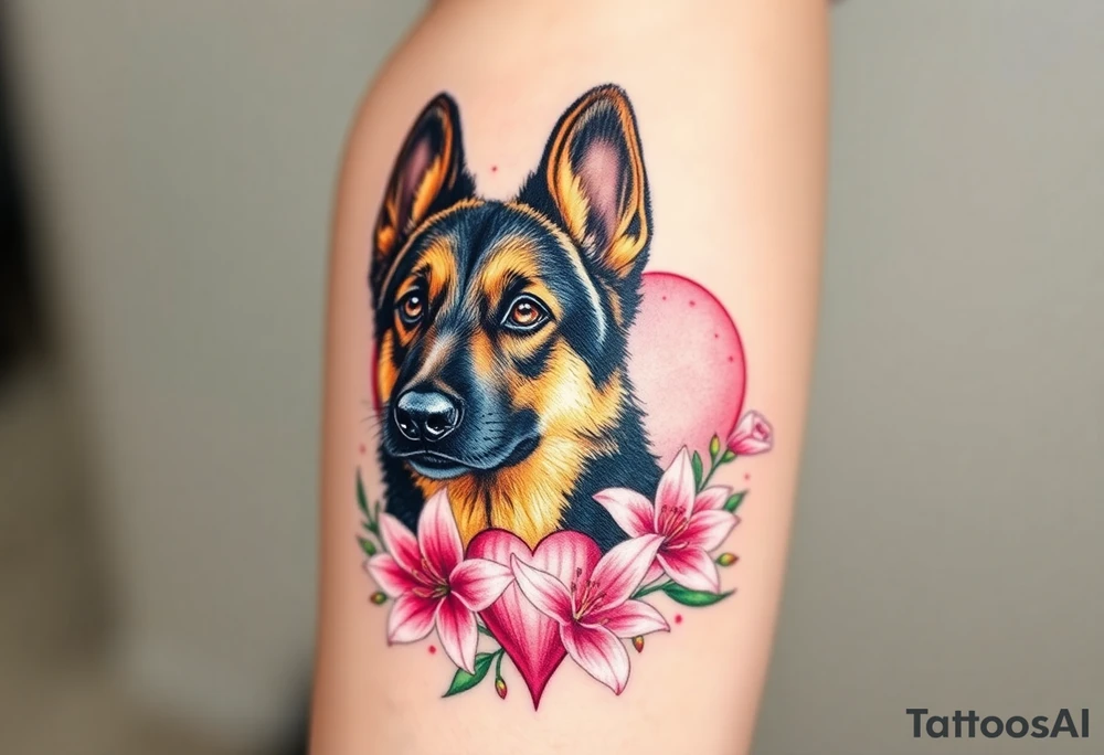 realistic german shepherd looking protective with pink lilies in front of a sacred heart tattoo idea