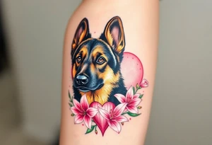 realistic german shepherd looking protective with pink lilies in front of a sacred heart tattoo idea