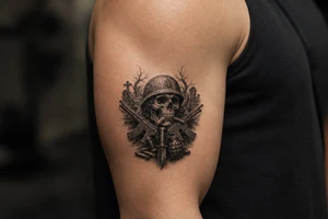 Graveyard scene with skull in helmet, cigar, crossed rifles, knife, grenade, cartridges, dark fantasy. tattoo idea