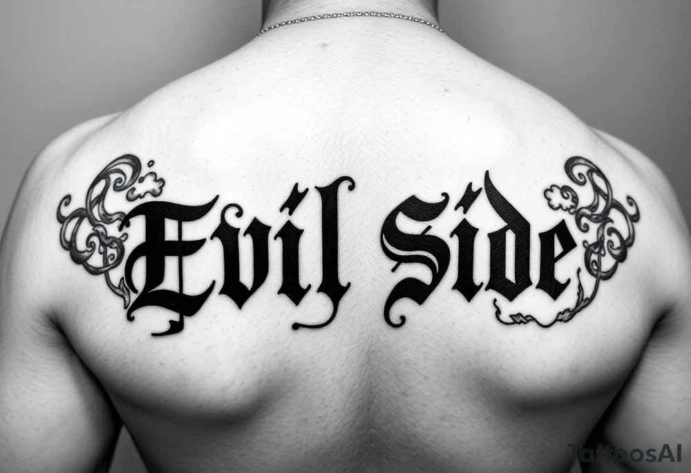 Tattoo saying Evil Side. black and white . Gangsta shaded outside letters smoke clouds shading tattoo idea