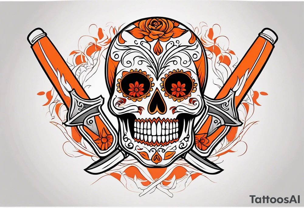 Orange Sugar skull with knifes that are orange and red with smoke around it tattoo idea
