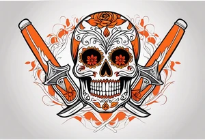 Orange Sugar skull with knifes that are orange and red with smoke around it tattoo idea