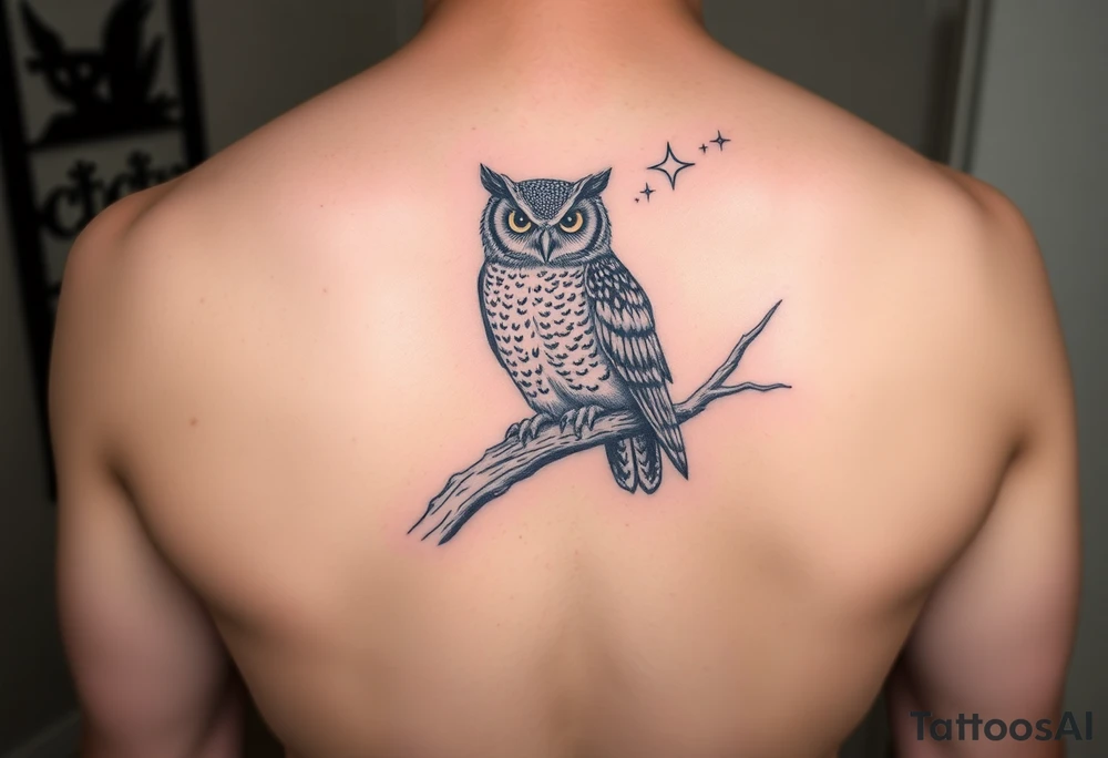 wise owl perched on ancient oak branch under starlit sky tattoo idea