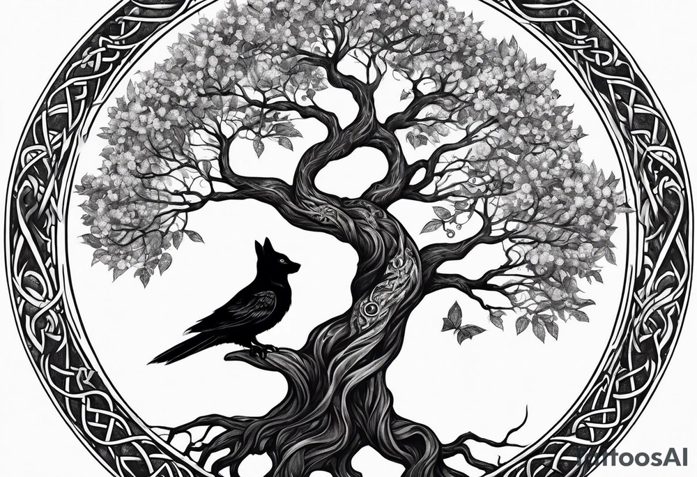 world tree with a cat and a raven and knotwork arm tattoo tattoo idea