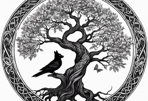 world tree with a cat and a raven and knotwork arm tattoo tattoo idea