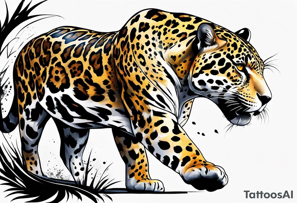 An aggressive jaguar walking towards you with big paws tattoo idea