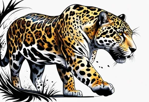 An aggressive jaguar walking towards you with big paws tattoo idea
