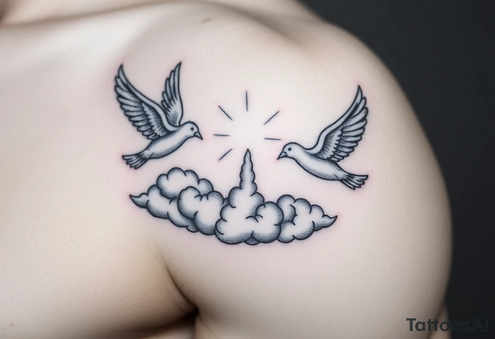 Doves, clouds, shining light to or from heaven tattoo idea
