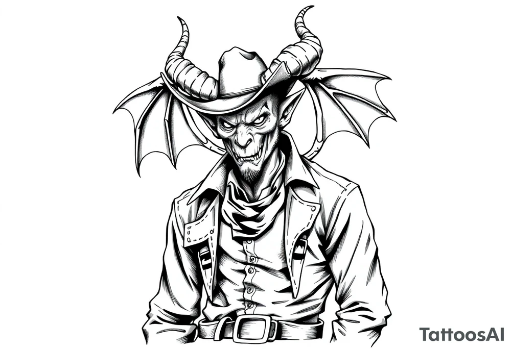 demon in cowboy-clothing,desert. tattoo idea