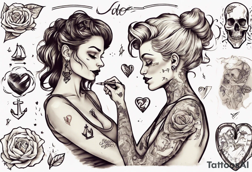 woman giving man a tattoo on heart tattoo idea