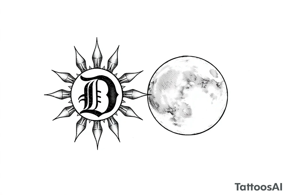 the letter D in the sun and the letter T in the moon tattoo idea